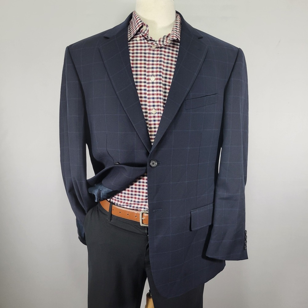 Nautica Men's Sport Coat Blazer‎ Two Button Navy Blue Plaid Wool Size 44R